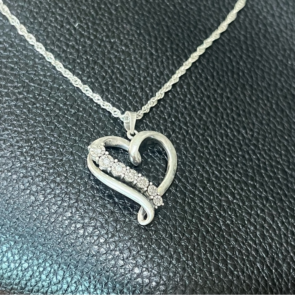 Pretty Vintage Open Heart Diamond 925 Sterling Silver Pendant Necklace Signed RL